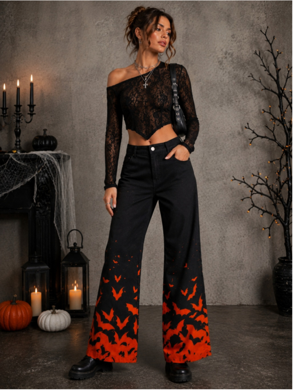 Halloween Bat Print High Rise Wide Leg Pants Black Orange Y2K Goth